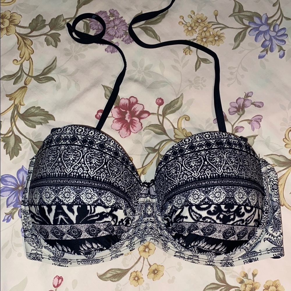 Navy and White Patterned Bikini Top
